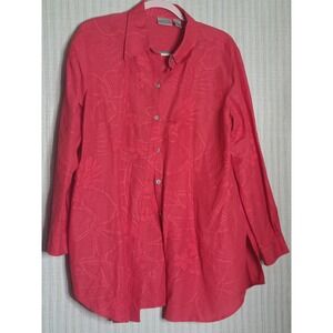 Chicos Linen Blend Tropical Floral Tunic Shirt Women"s Size 2 Red Button Up